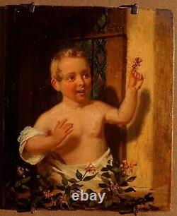The Child with the Butterfly Around 1860 Large Miniature Frame of the Period