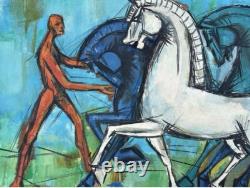 The Horse Scene Original Multicolored Antique Oil Painting 1967, Signed
