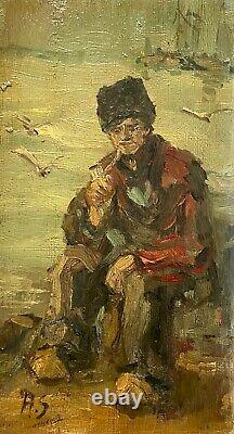 The Pipe Smoker, Oil on Panel, Monogram HS, Painting, Early 20th Century