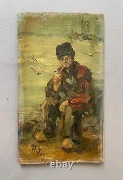The Pipe Smoker, Oil on Panel, Monogram HS, Painting, Early 20th Century