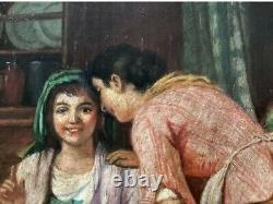 The Two Young Girls XIX Eme French Painting Signed Belle Scene De Genre 19 Em