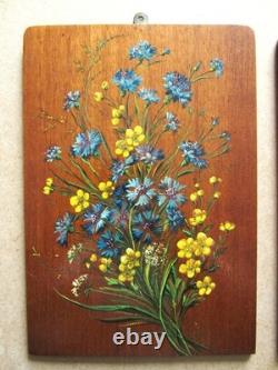 Three beautiful oil on wood paintings of flower bouquets Art Nouveau rose pansy