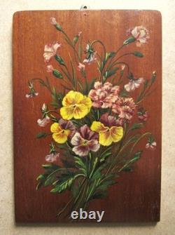 Three beautiful oil on wood paintings of flower bouquets Art Nouveau rose pansy