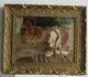 Translate This Title In English: Old Frame Golden Wood Oil Painting On Canvas Horses And Chickens