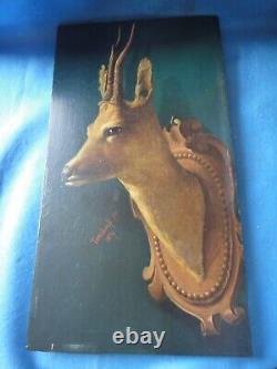 Translation: 2 Old oil paintings on wooden panels, hunting trophy deer, 1876 signed.