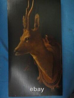 Translation: 2 Old oil paintings on wooden panels, hunting trophy deer, 1876 signed.