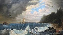 Translation: 'Ancient Tableau, Sailors in the Storm, Oil on Panel, Painting, 19th Century'