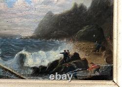 Translation: 'Ancient Tableau, Sailors in the Storm, Oil on Panel, Painting, 19th Century'