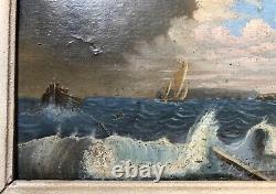 Translation: 'Ancient Tableau, Sailors in the Storm, Oil on Panel, Painting, 19th Century'