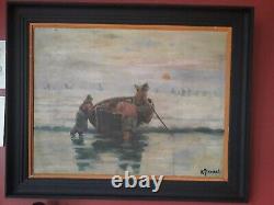 Translation: Ancient oil painting signed on a wooden panel depicting fishermen