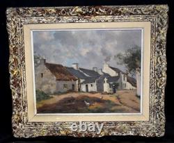 Translation: Old oil painting, lively view of a village farm, signed early 20th century.