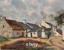 Translation: Old oil painting, lively view of a village farm, signed early 20th century.