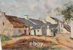 Translation: Old oil painting, lively view of a village farm, signed early 20th century.
