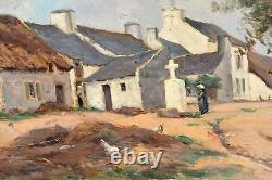 Translation: Old oil painting, lively view of a village farm, signed early 20th century.