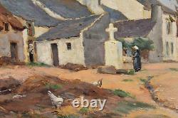 Translation: Old oil painting, lively view of a village farm, signed early 20th century.