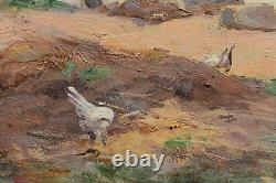 Translation: Old oil painting, lively view of a village farm, signed early 20th century.