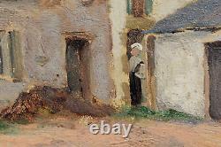 Translation: Old oil painting, lively view of a village farm, signed early 20th century.