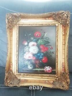 Tres Beautiful Painting Flowers Painting L Oil On Panel Frame Golden Wood Signed