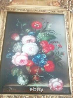 Tres Beautiful Painting Flowers Painting L Oil On Panel Frame Golden Wood Signed
