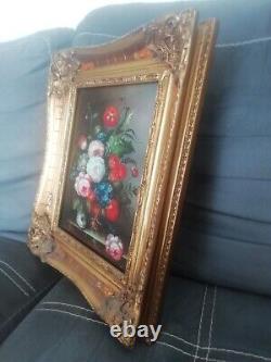 Tres Beautiful Painting Flowers Painting L Oil On Panel Frame Golden Wood Signed