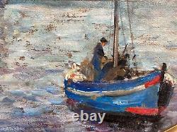 Very Beautiful Oil Painting on Cardboard Collioure Mediterranean Sea Fishing Boat Art