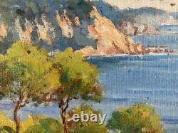 Very Beautiful Oil Painting on Cardboard Mediterranean Sea Corsica 1950 Carbonell