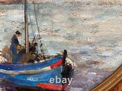 Very Beautiful Oil Painting on Cardboard of Collioure Mediterranean Sea Fishing Boat Art