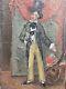 Very Beautiful Oil Painting On Wood Mandolin Hat 1950 Portrait Man Art