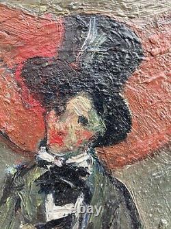 Very Beautiful Oil Painting on Wood Mandolin Hat 1950 Portrait Man Art