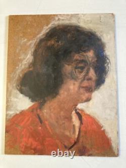 Very Beautiful Oil Painting on Wood Panel Woman Portrait 1950 Glasses Antique