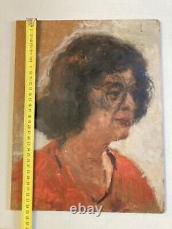 Very Beautiful Oil Painting on Wood Panel Woman Portrait 1950 Glasses Antique