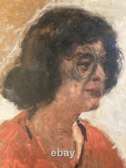 Very Beautiful Oil Painting on Wood Panel, Woman Portrait, 1950, Vintage Glasses