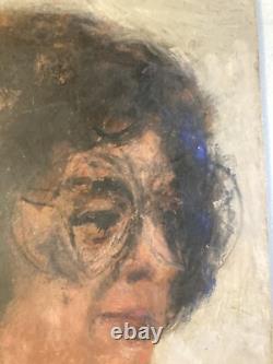 Very Beautiful Oil Painting on Wood Panel, Woman Portrait, 1950, Vintage Glasses