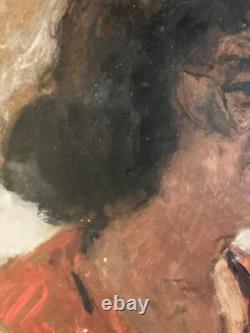 Very Beautiful Oil Painting on Wood Panel, Woman Portrait, 1950, Vintage Glasses