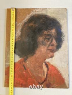 Very Beautiful Oil Painting on Wood Panel, Woman Portrait, 1950, Vintage Glasses
