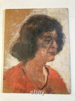 Very Beautiful Oil Painting on Wooden Panel Woman Portrait 1950s Vintage Glasses