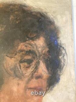 Very Beautiful Oil Painting on Wooden Panel Woman Portrait 1950s Vintage Glasses