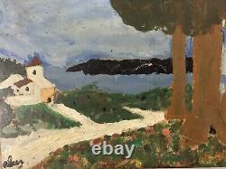 Very Beautiful Painting Wood Panel Outsider Raw Art Landscape Church Tree 1974