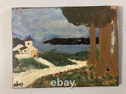 Very Beautiful Painting Wood Panel Outsider Raw Art Landscape Church Tree 1974