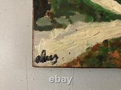 Very Beautiful Painting Wood Panel Outsider Raw Art Landscape Church Tree 1974