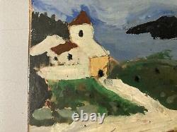 Very Beautiful Painting Wood Panel Outsider Raw Art Landscape Church Tree 1974