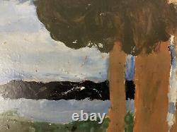 Very Beautiful Painting Wood Panel Outsider Raw Art Landscape Church Tree 1974