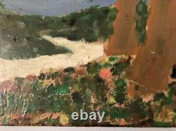 Very Beautiful Painting Wood Panel Outsider Raw Art Landscape Church Tree 1974