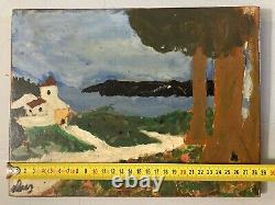 Very Beautiful Painting Wood Panel Outsider Raw Art Landscape Church Tree 1974
