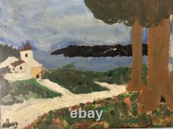 Very Beautiful Painting Wooden Panel Art Brut Outsider Landscape Church Tree 1974