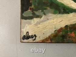 Very Beautiful Painting Wooden Panel Art Brut Outsider Landscape Church Tree 1974