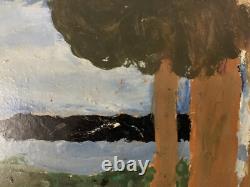 Very Beautiful Painting Wooden Panel Art Brut Outsider Landscape Church Tree 1974