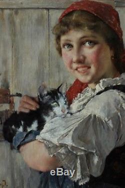 Very Beautiful Rare Portrait Girl With A Cat In Austria, Joszi Arpád Koppay Xixth