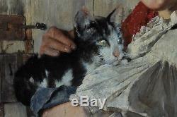 Very Beautiful Rare Portrait Girl With A Cat In Austria, Joszi Arpád Koppay Xixth
