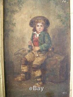 Very Pretty Oil On Wood 19th Young Flutist Italian, Neapolitan Signed